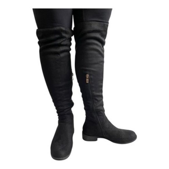 Women’s Black Over The Knee Boots Faux Suede Thigh High Low Heel Shoes Size 6 - Picture 7 of 9